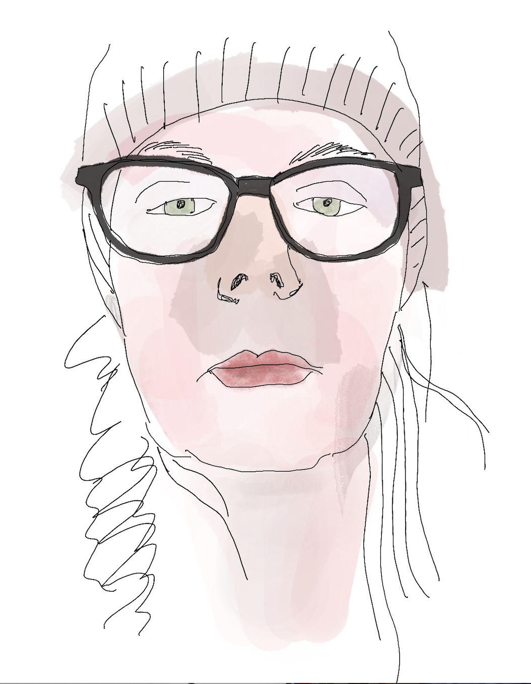 An illustration of a woman wearing a brown toque with green eyes and dark-rimmed glasses.